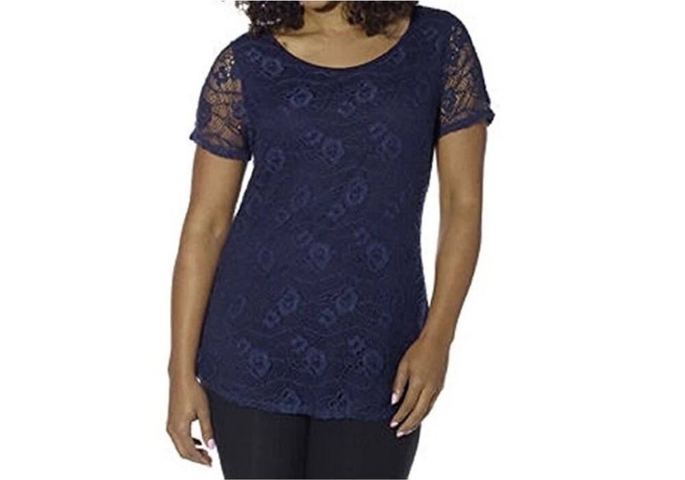 Leo & Nicole Lace Blouse Short Sleeve Navy Blue Size Large
